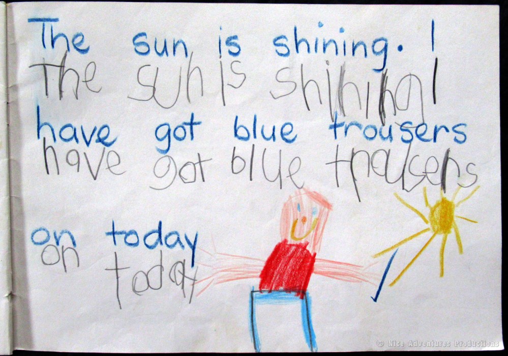 The sun is shining. I have got blue trousers on today.