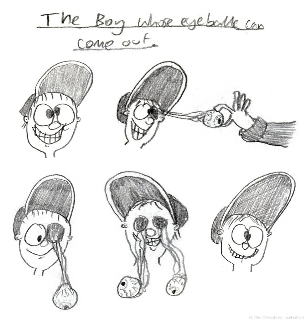 Cartoon sketches illustrating a humorous character called 'The Boy whose eyeballs can come out,' showing various expressions and scenes of the boy with exaggerated eyeball features.